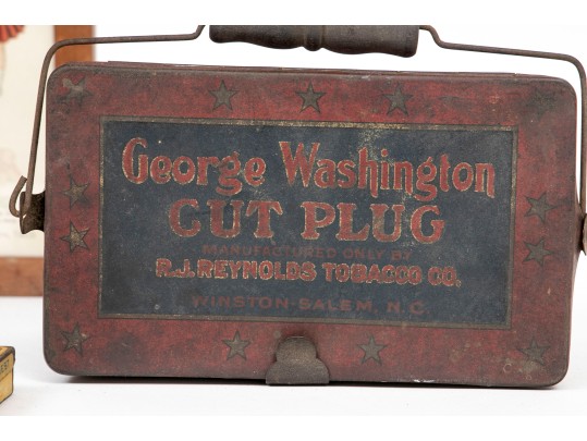 Five Antique Metal Storage Boxes And Antique Fashion Print