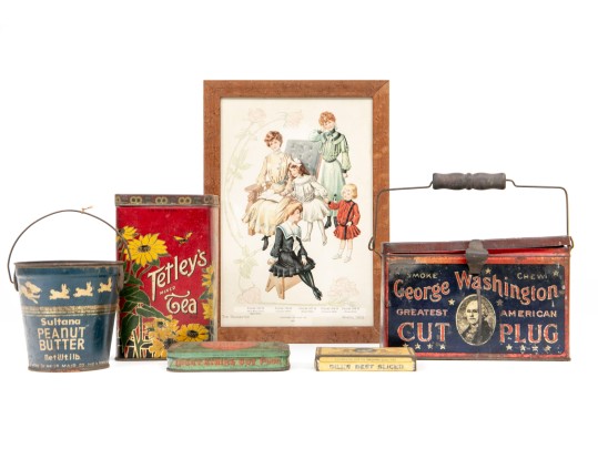 Five Antique Metal Storage Boxes And Antique Fashion Print