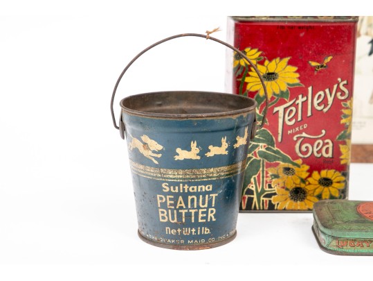 Five Antique Metal Storage Boxes And Antique Fashion Print