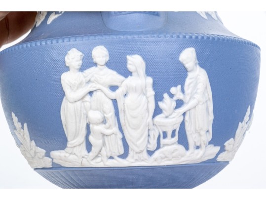 Antique English Staffordshire Relief Decorated, Blue Ground Stoneware Pitcher, 19th C. 