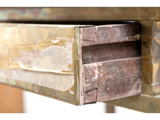 French Arts & Crafts Brass Marble Top Vanity With Mirror, Ca. 1900-1920