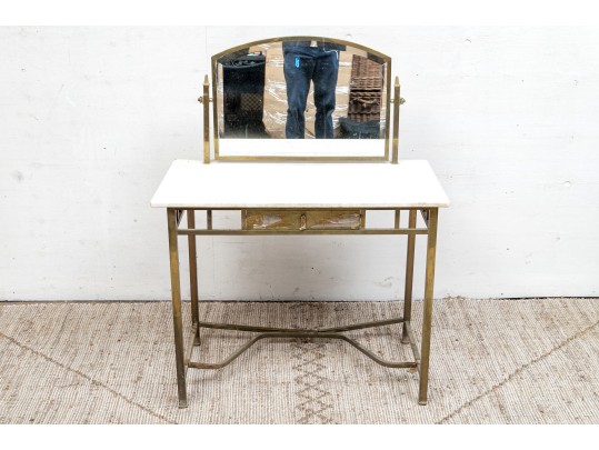 French Arts & Crafts Brass Marble Top Vanity With Mirror, Ca. 1900-1920