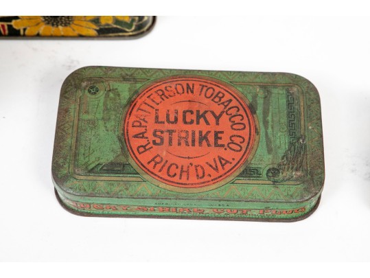 Five Antique Metal Storage Boxes And Antique Fashion Print