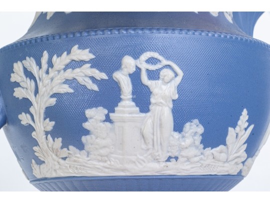 Antique English Staffordshire Relief Decorated, Blue Ground Stoneware Pitcher, 19th C. 