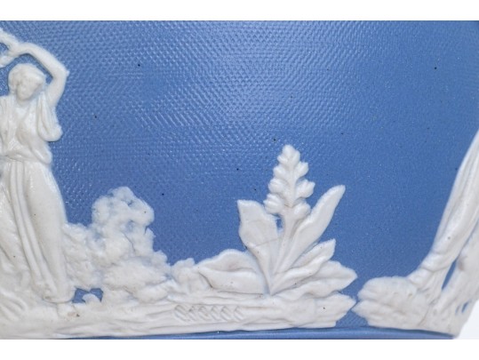 Antique English Staffordshire Relief Decorated, Blue Ground Stoneware Pitcher, 19th C. 