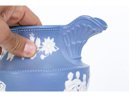 Antique English Staffordshire Relief Decorated, Blue Ground Stoneware Pitcher, 19th C. 