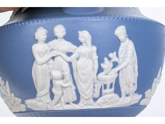 Antique English Staffordshire Relief Decorated, Blue Ground Stoneware Pitcher, 19th C. 