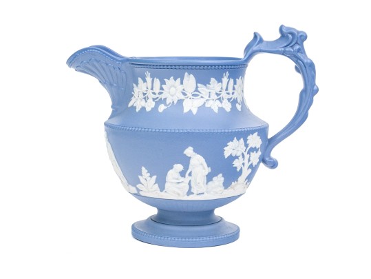 Antique English Staffordshire Relief Decorated, Blue Ground Stoneware Pitcher, 19th C. 