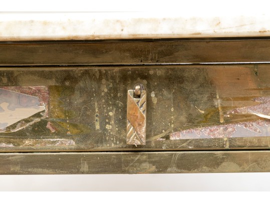 French Arts & Crafts Brass Marble Top Vanity With Mirror, Ca. 1900-1920