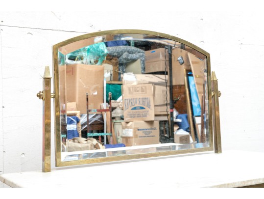 French Arts & Crafts Brass Marble Top Vanity With Mirror, Ca. 1900-1920