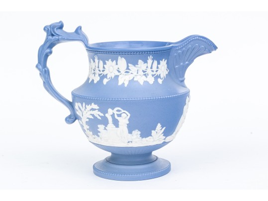 Antique English Staffordshire Relief Decorated, Blue Ground Stoneware Pitcher, 19th C. 