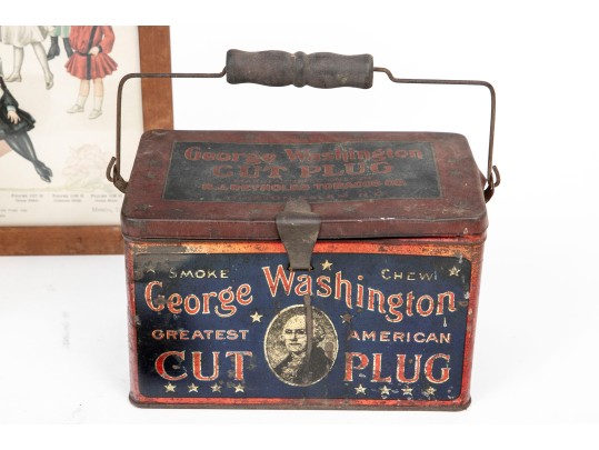 Five Antique Metal Storage Boxes And Antique Fashion Print