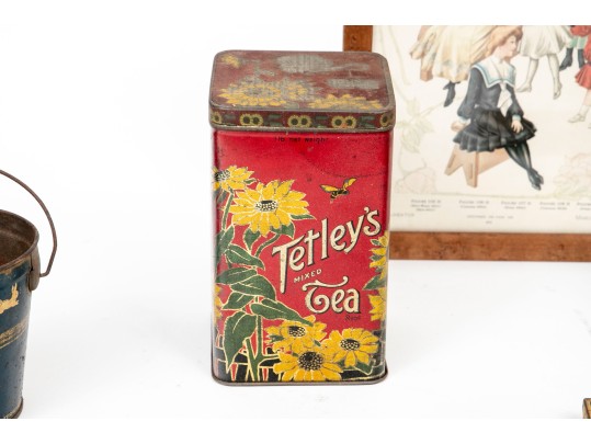 Five Antique Metal Storage Boxes And Antique Fashion Print