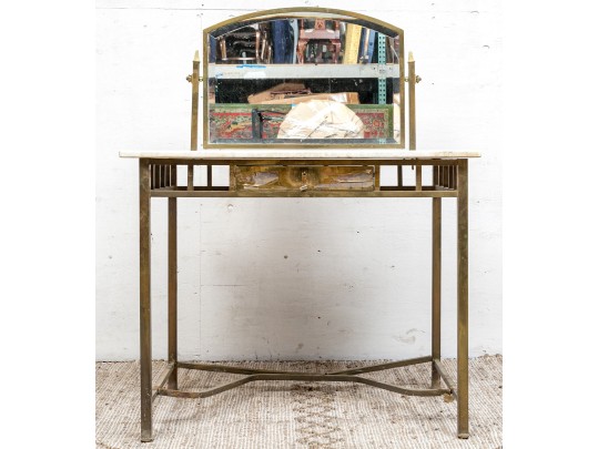 French Arts & Crafts Brass Marble Top Vanity With Mirror, Ca. 1900-1920