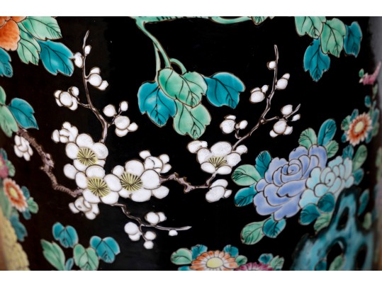 Chinese Famille Rose On Black Ground Porcelain Umbrella Stand