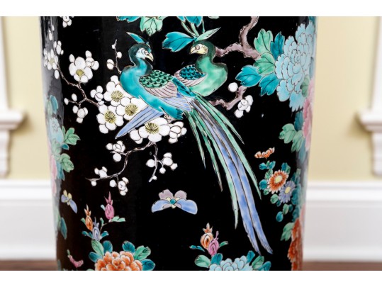 Chinese Famille Rose On Black Ground Porcelain Umbrella Stand