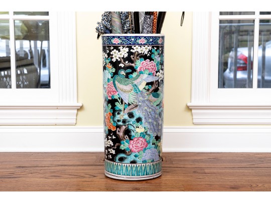 Chinese Famille Rose On Black Ground Porcelain Umbrella Stand