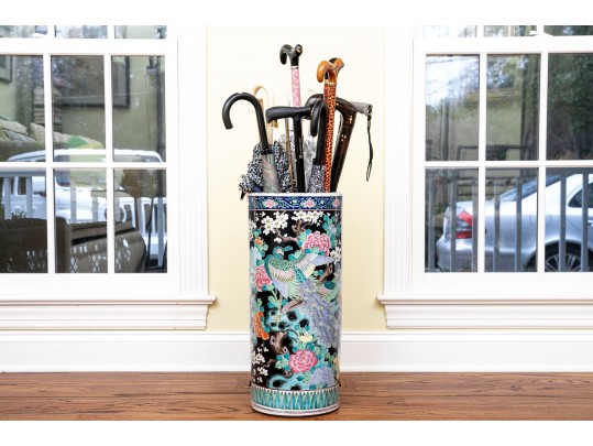 Chinese Famille Rose On Black Ground Porcelain Umbrella Stand