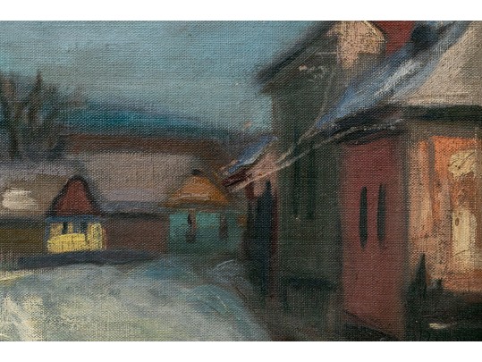 Oil On Board Painting, Picturesque Rural Village In Winter, 20th C.