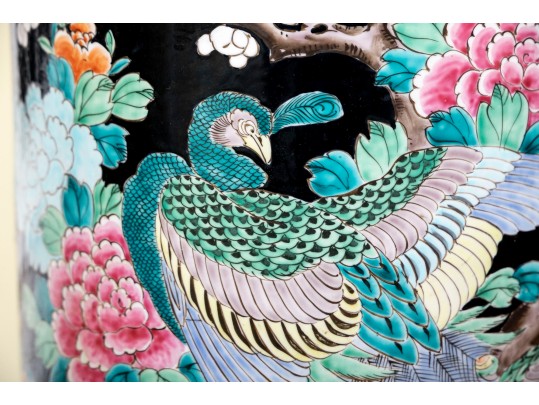 Chinese Famille Rose On Black Ground Porcelain Umbrella Stand