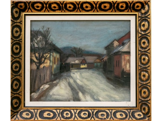 Oil On Board Painting, Picturesque Rural Village In Winter, 20th C.