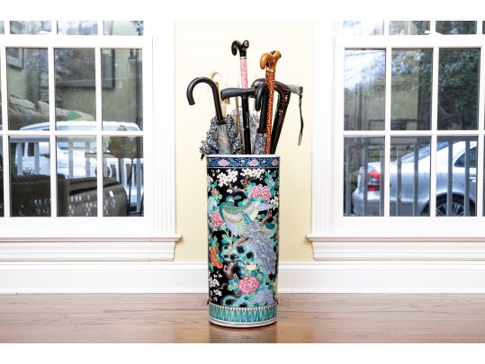 Chinese Famille Rose On Black Ground Porcelain Umbrella Stand