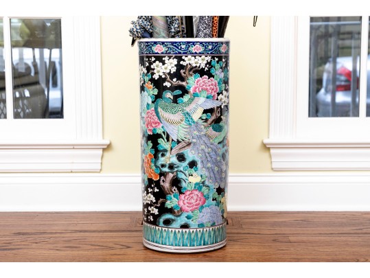 Chinese Famille Rose On Black Ground Porcelain Umbrella Stand