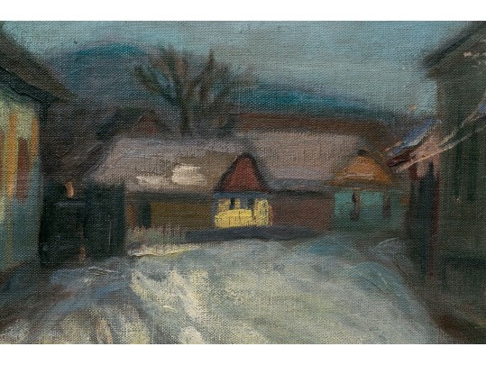 Oil On Board Painting, Picturesque Rural Village In Winter, 20th C.