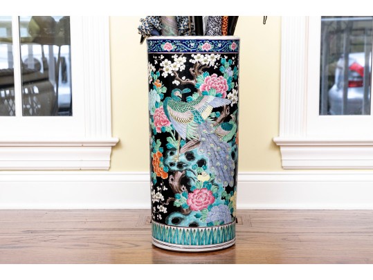 Chinese Famille Rose On Black Ground Porcelain Umbrella Stand