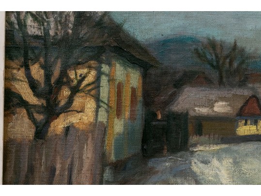 Oil On Board Painting, Picturesque Rural Village In Winter, 20th C.