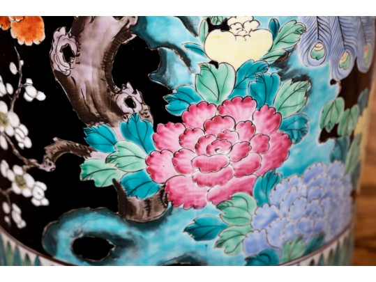 Chinese Famille Rose On Black Ground Porcelain Umbrella Stand