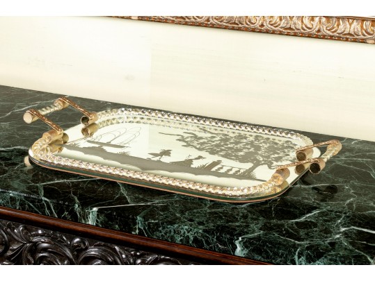 Exquisite Italian Murano Glass And Etched Mirror Vanity Tray