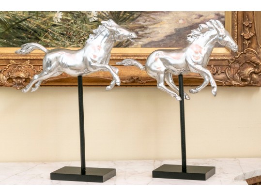 Striking Pair Of Silver-gilded Horse Figures