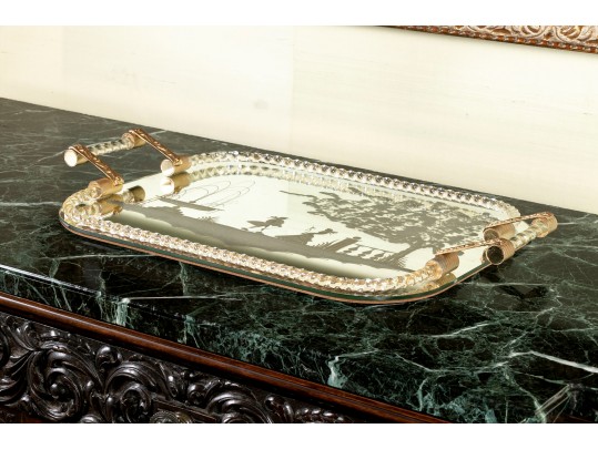 Exquisite Italian Murano Glass And Etched Mirror Vanity Tray