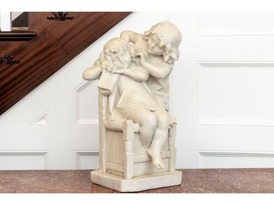 Romanelli, Italian Marble / Alabaster  Hand Carved Sculpture Of Children