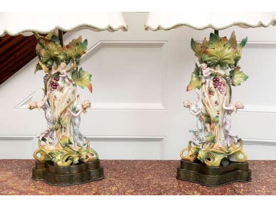Pair Of Art Nouveau German Porcelain Figural Table Lamps