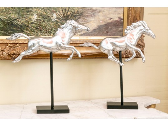 Striking Pair Of Silver-gilded Horse Figures