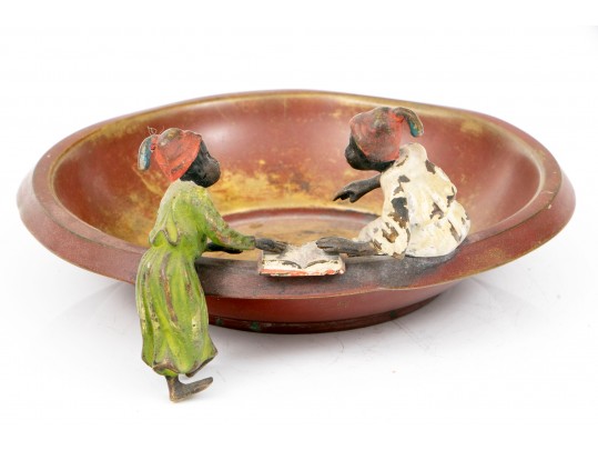 Cold Painted Bronze Arabesque Figures Atop A Dish