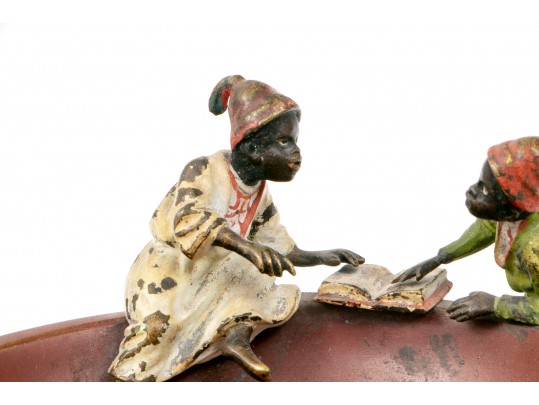 Cold Painted Bronze Arabesque Figures Atop A Dish