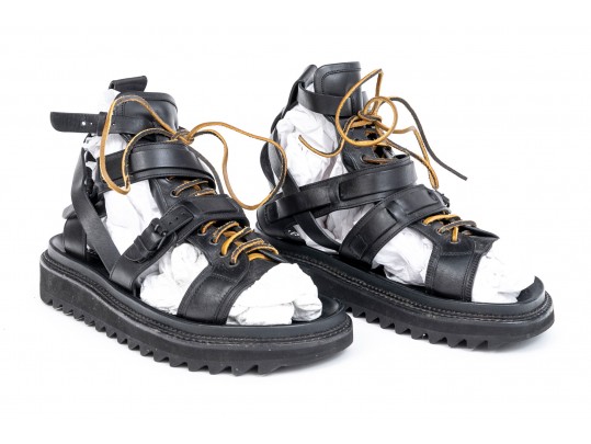 Les Hommes Casual Black Leather Lace Up Gladiator Sandals, Size 43
