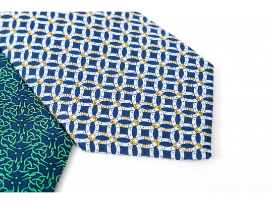 Hermes Lot Of Three Silk Ties, Blue To Green Tones