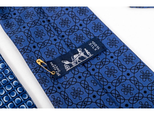 Hermes Lot Of Three Silk Ties, Blue Tones