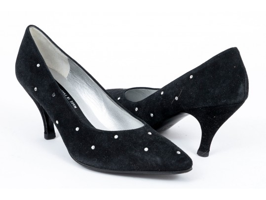Charles Jourdan Striking Black Suede Pumps, With Rhinestone Decorations, Size 9