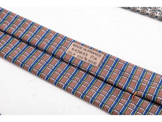 Hermes Lot Of Three Silk Ties, Assorted Colors And Patterns