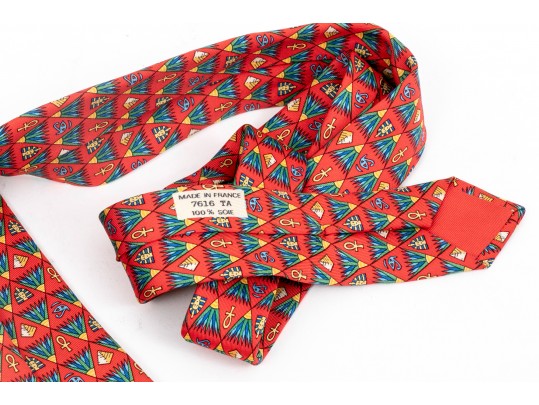Lot Of Two 100% Silk Hermes Ties, Predominantly Red And Yellow Tones