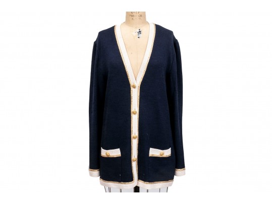St. John Navy Button Up Cardigan, White And Gold Toned Sequinned Trim, Size 14