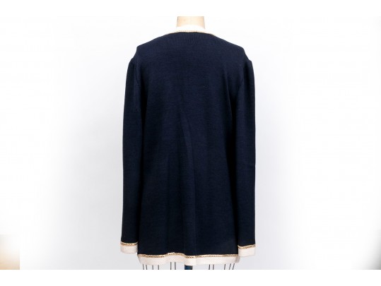 St. John Navy Button Up Cardigan, White And Gold Toned Sequinned Trim, Size 14