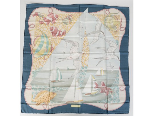 Salvatore Ferragamo Silk Scarf With Fish Motifs, Pink, Blue And Yellow Tones