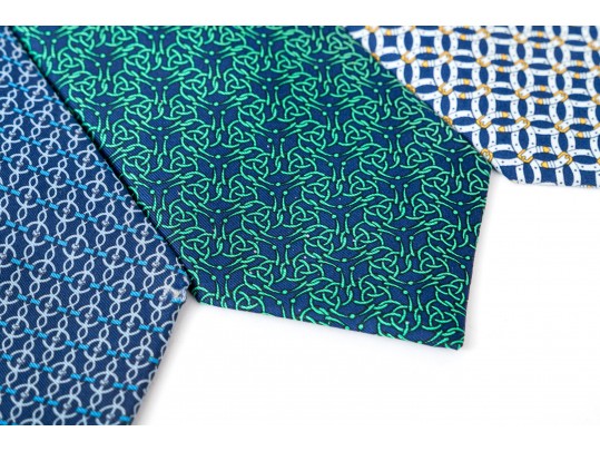 Hermes Lot Of Three Silk Ties, Blue To Green Tones