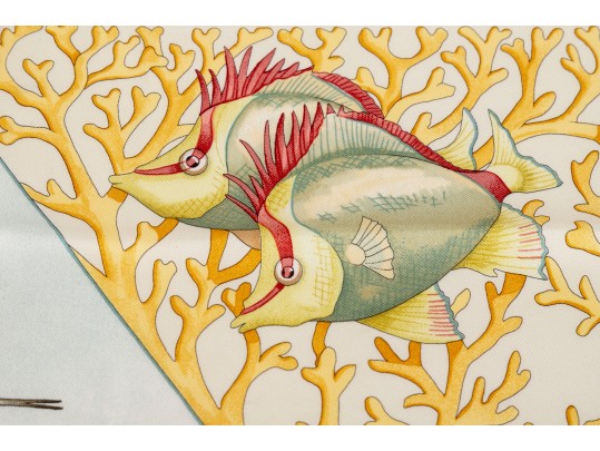 Salvatore Ferragamo Silk Scarf With Fish Motifs, Pink, Blue And Yellow Tones